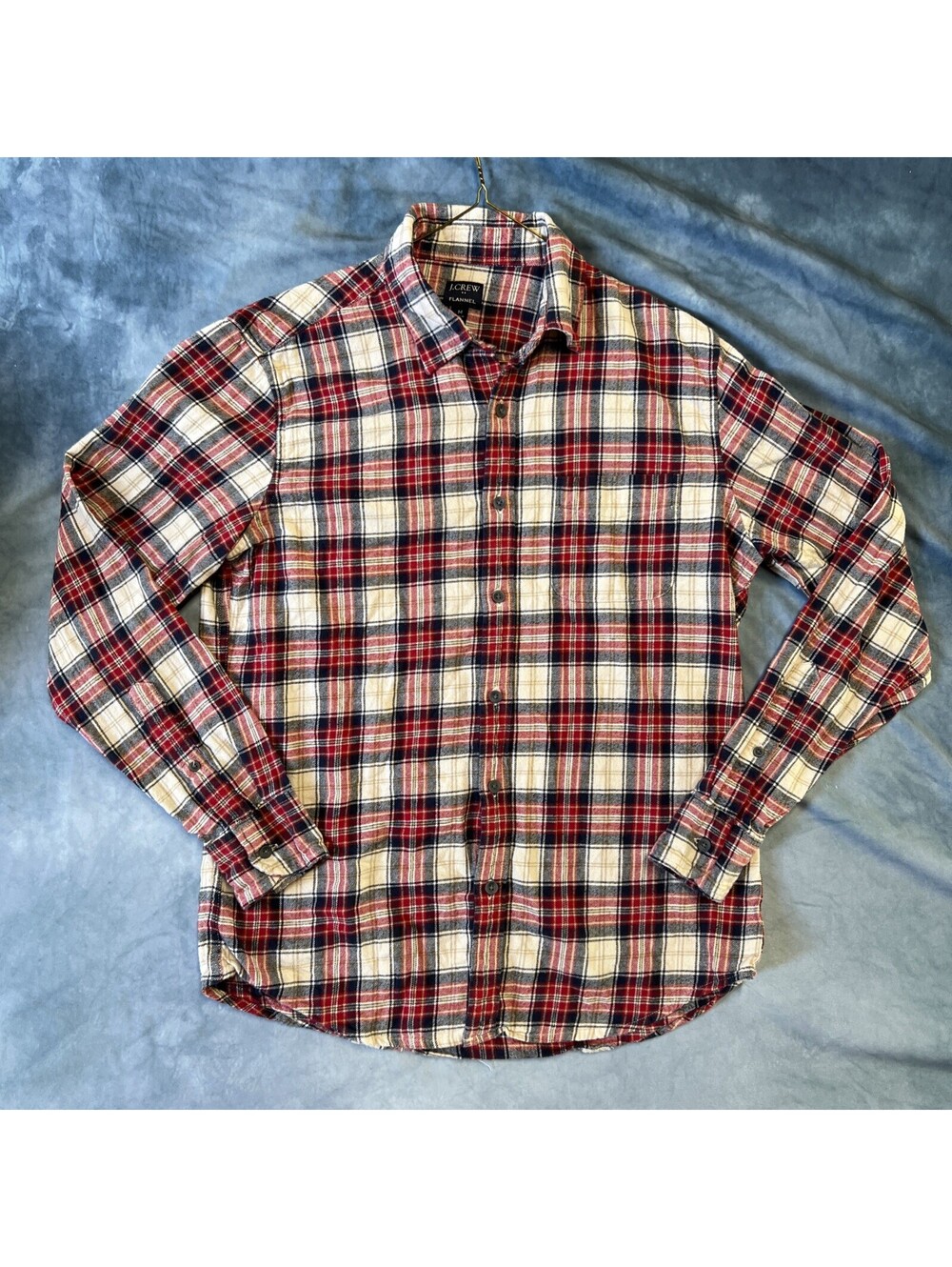 J.CREW Flannel Shirt Mens Red Plaid Leather Elbow Patch Cotton M - 1220-2H